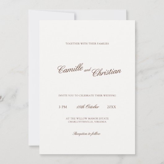 Elegant Ivory & Warm Brown Calligraphy Wedding 招待状 (正面)