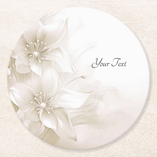 Elegant Ivory White Flowers Paper Coaster ラウンドペーパーコースター (正面)