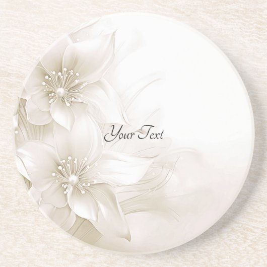 Elegant Ivory White Flowers Sandstone Coaster コースター (正面)