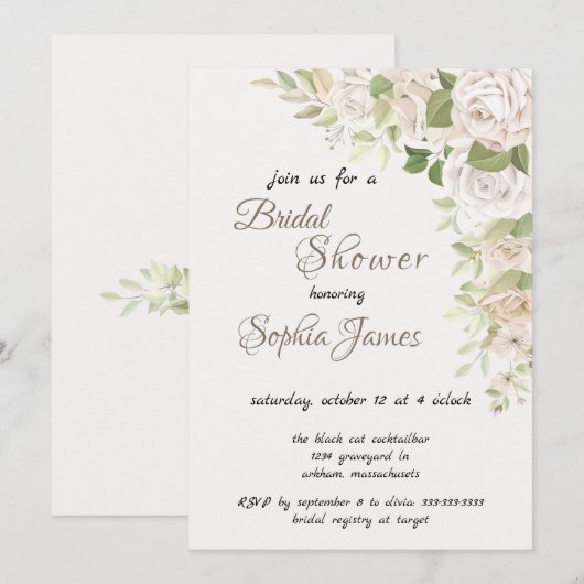 elegant Ivory White Roses Bridal Shower  招待状 (正面/裏面)