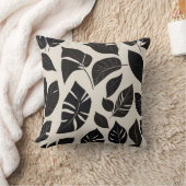 Elegant Japandi Pillow – Black Botanical Leaves on クッション (ブランケット)