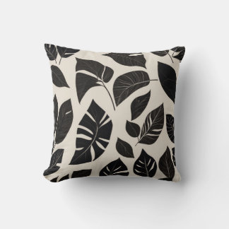 Elegant Japandi Pillow – Black Botanical Leaves on クッション