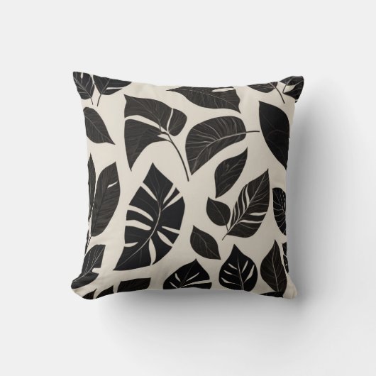 Elegant Japandi Pillow – Black Botanical Leaves on クッション (正面)