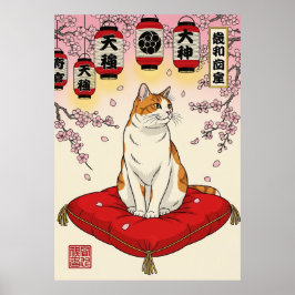 Elegant Japanese Cat Art Red Cushion Cherry ポスター