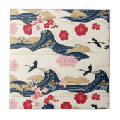 Elegant Japanese Ceramic Tile with Floral Waves タイル (正面)