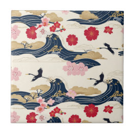 Elegant Japanese Ceramic Tile with Floral Waves タイル