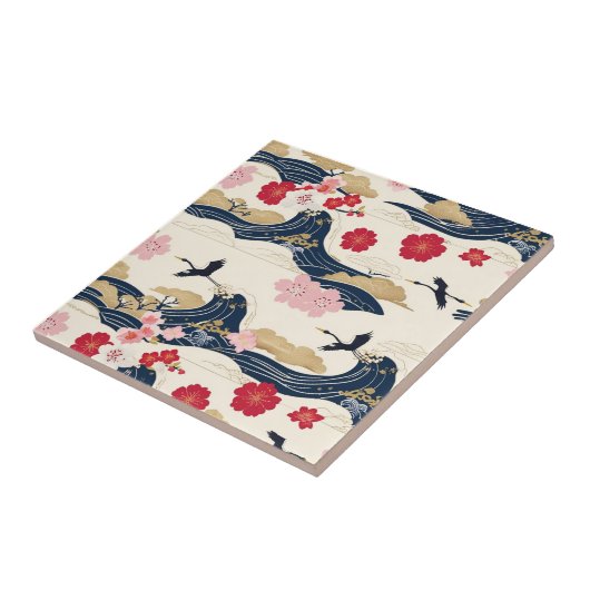 Elegant Japanese Ceramic Tile with Floral Waves タイル (側面)