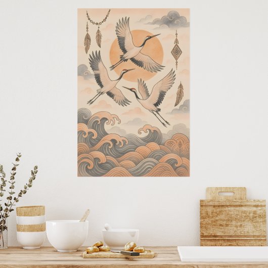 Elegant Japanese Crane Wall Art Minimalist  ポスター (キッチン)
