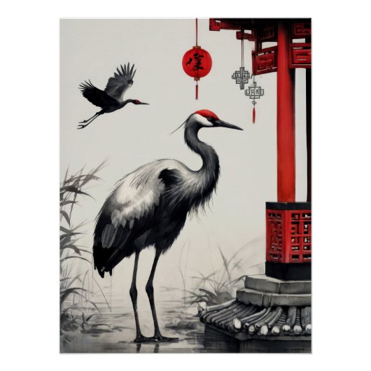 Elegant Japanese Cranes and Pagoda Ink Wash Art ポスター (正面)