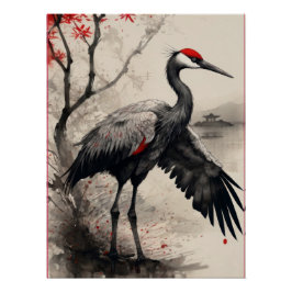 Elegant Japanese Red-Crowned Crane & Maple Tree ポスター