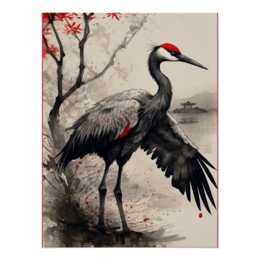 Elegant Japanese Red-Crowned Crane & Maple Tree ポスター (正面)