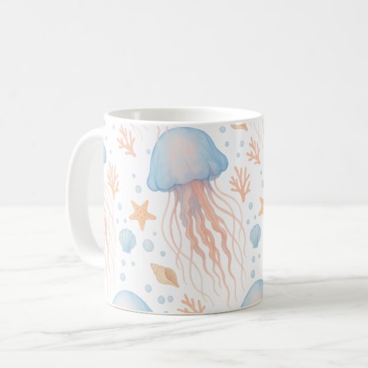 Elegant Jellyfish & Ocean Elements Pattern Mug コーヒーマグカップ (正面左)