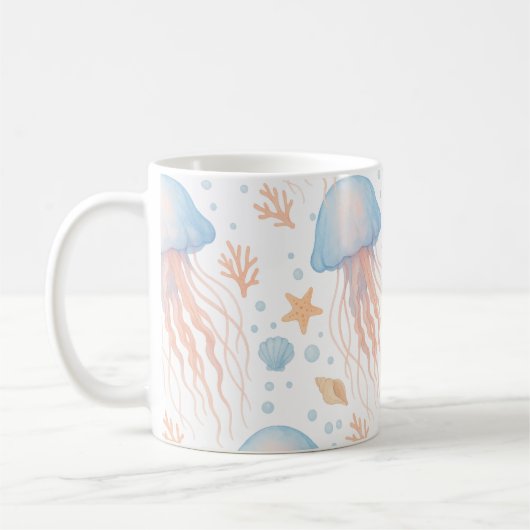 Elegant Jellyfish & Ocean Elements Pattern Mug コーヒーマグカップ (左)