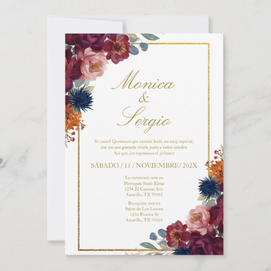 Elegant jewel with frame spanish wedding 招待状 (正面)