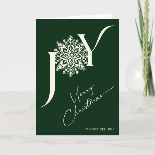 Elegant JOY Forest Green Folded Photo Christmas シーズンカード (正面)