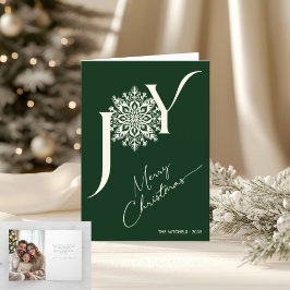 Elegant JOY Forest Green Folded Photo Christmas シーズンカード