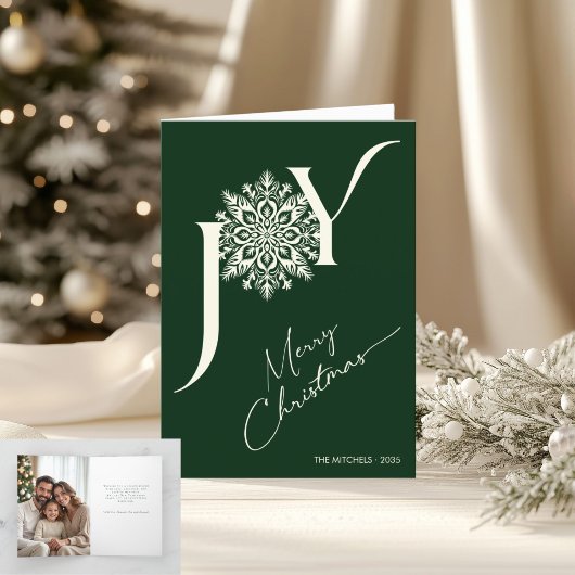 Elegant JOY Forest Green Folded Photo Christmas シーズンカード