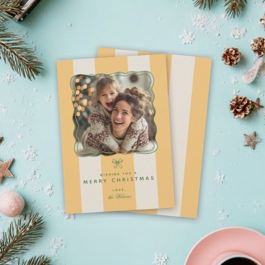 Elegant Joyful Stripe Happy Family Photo Christmas シーズンカード