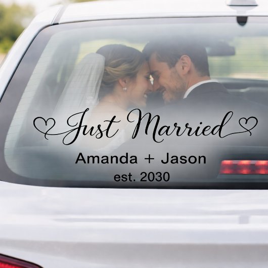 Elegant Just Married Hearts Black Script ウィンドウサイン