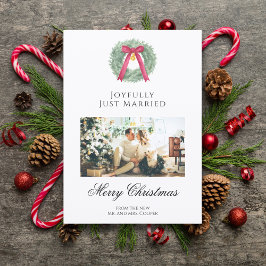 Elegant Just Married Newlywed Christmas Photo Card シーズンカード