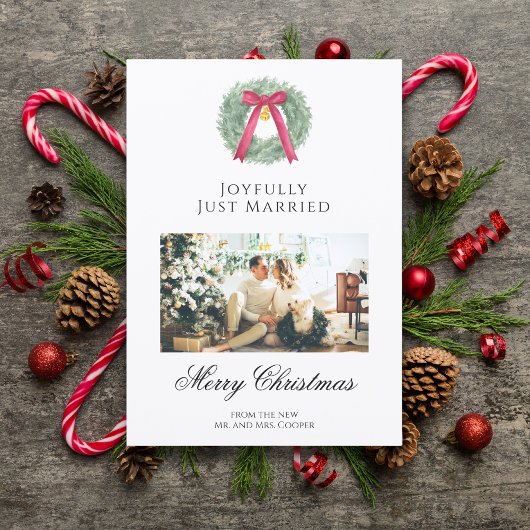 Elegant Just Married Newlywed Christmas Photo Card シーズンカード
