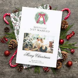 Elegant Just Married Newlywed Christmas Photo Card シーズンカード