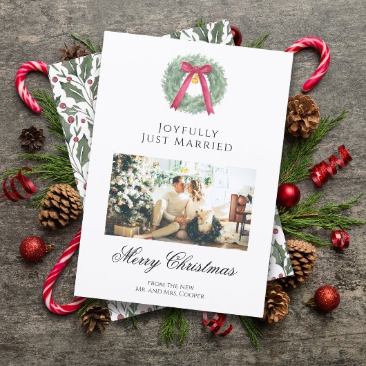 Elegant Just Married Newlywed Christmas Photo Card シーズンカード