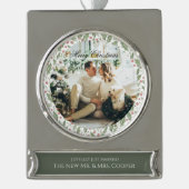 Elegant Just Married Newlywed Photo Christmas シルバープレートバナーオーナメント (正面)