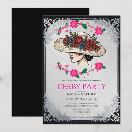 Elegant Kentucky Derby Party Floral Invitation 招待状 (正面/裏面)