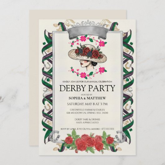 Elegant Kentucky Derby Party Floral Invitation 招待状 (正面/裏面)