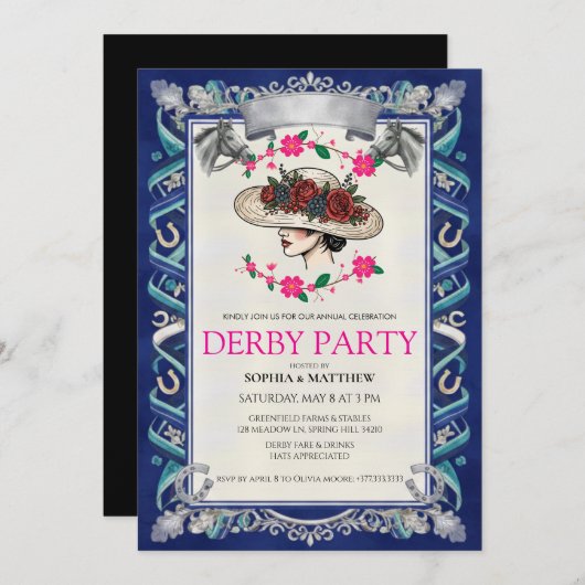 Elegant Kentucky Derby Party Floral Invitation 招待状 (正面/裏面)