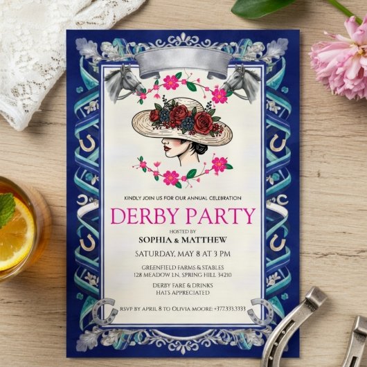 Elegant Kentucky Derby Party Floral Invitation 招待状