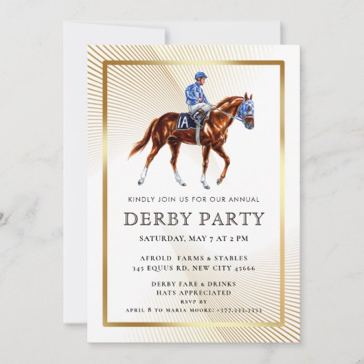 Elegant Kentucky Derby Party Invitation with Horse 招待状 (正面)