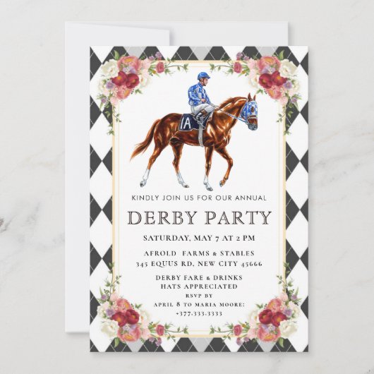 Elegant Kentucky Derby Party Invitation with Horse 招待状 (正面)
