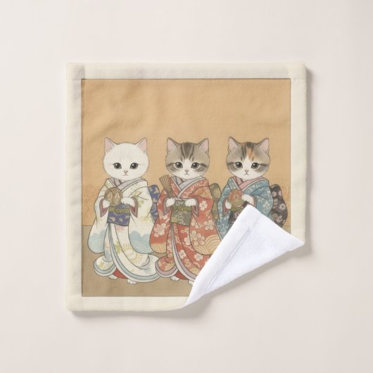 Elegant Kittens in Traditional Furisode: Vintage ウォッシュタオル (ウォッシュタオル)