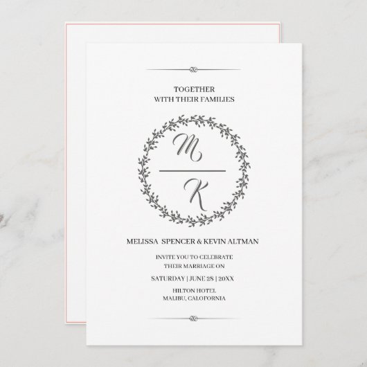 Elegant, klassisch Monogramm Kranz 招待状 (正面/裏面)