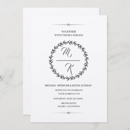 Elegant, klassisch Monogramm Kranz Einladung 招待状 (正面/裏面)