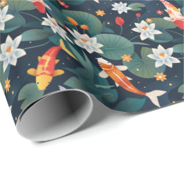 Elegant Koi and Waterlily Wrapping Paper on Indigo ラッピングペーパー