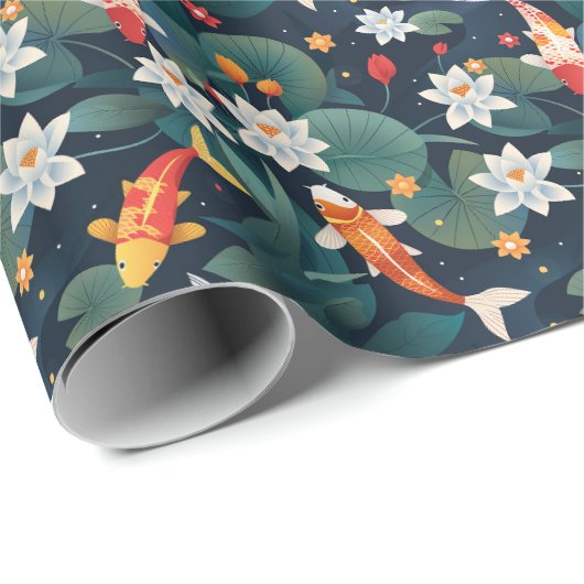 Elegant Koi and Waterlily Wrapping Paper on Indigo ラッピングペーパー (ロールコーナー)