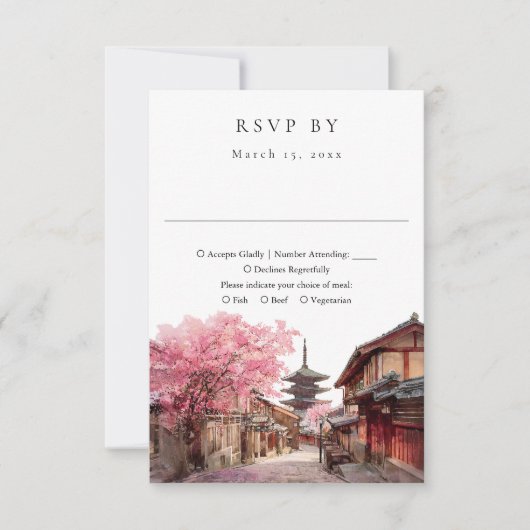 Elegant Kyoto Japan Watercolor Wedding 出欠カード (正面)