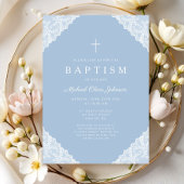 Elegant Lace Blue Baby Boy Baptism 招待状
