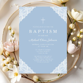 Elegant Lace Blue Baby Boy Baptism 招待状