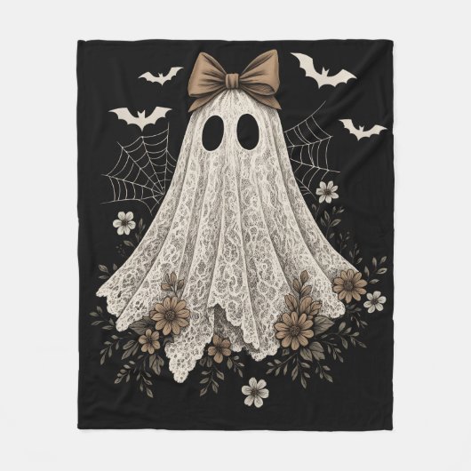 Elegant Lace Ghost with Bow | Floral Ghost フリースブランケット (正面)