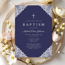 Elegant Lace Navy Blue Baby Boy Baptism 招待状