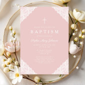 Elegant Lace Pink Baby Girl Baptism 招待状