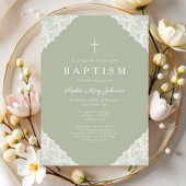 Elegant Lace Sage Green Baptism 招待状