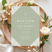 Elegant Lace Sage Green Baptism 招待状