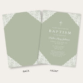 Elegant Lace Sage Green Baptism 招待状