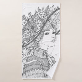 Elegant Lady Portrait: Vintage Hat Fashion Art バスタオル