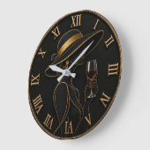 Elegant Lady with Wine Glass Luxury Black & Gold ラージ壁時計 (傾斜)